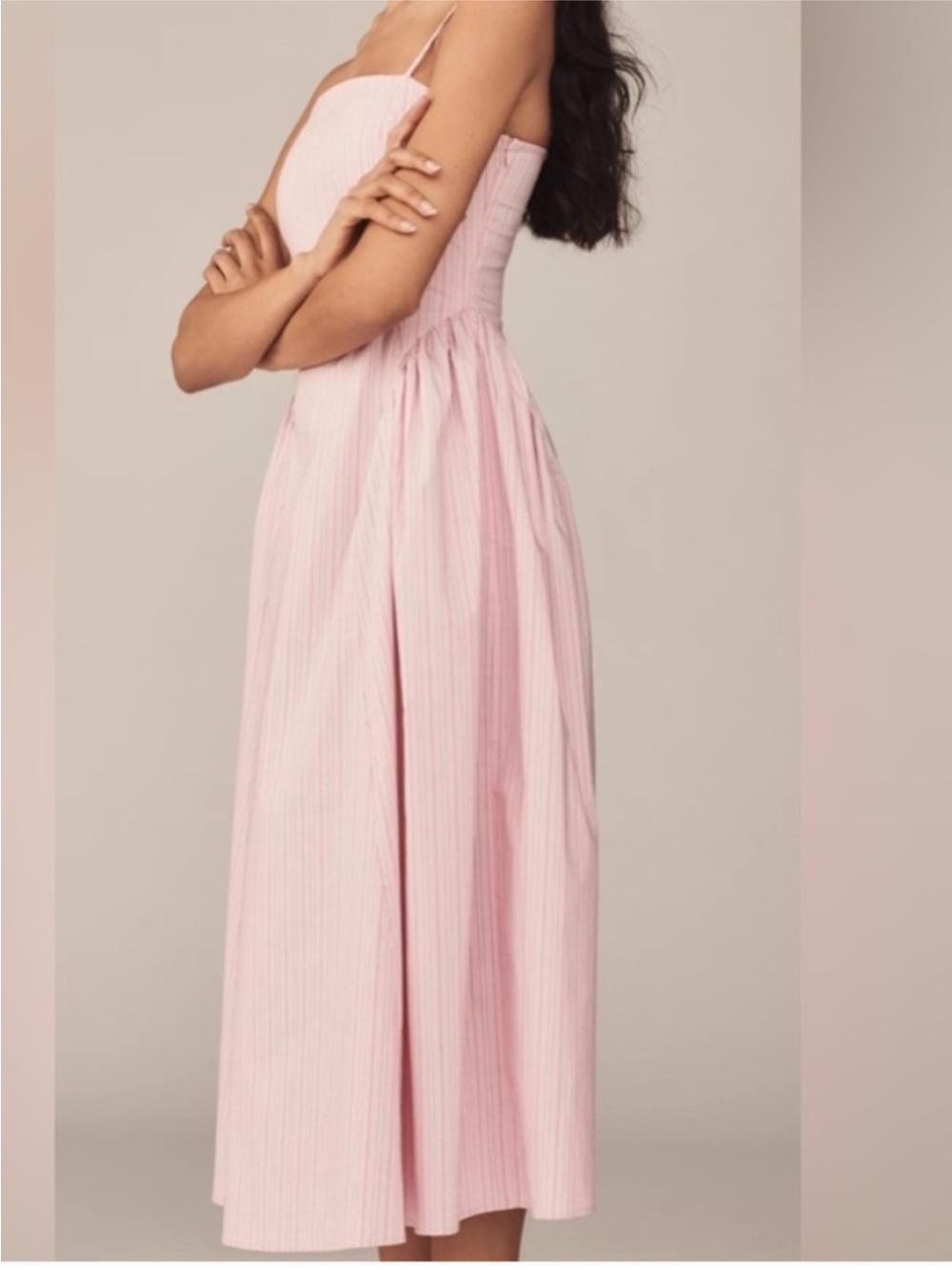 Maeve Pink Striped Fit & Flare Midi Dress Smocked Back Size M - Picture 3 of 11